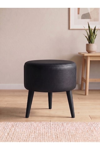Modern Siyah Deri Puf Tabure Ahşap Siyah Ayaklı Yuvarlak Puf 40x42 Cm