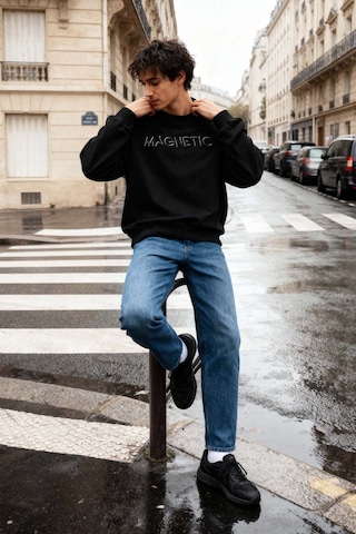 Tommy Life Siyah Yazı Nakışlı O Yaka Rahat Form İçi Polarlı Erkek Sweatshirt - 88020 Siyah