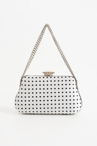 Lebibe Shoes Polkıa Beyaz Saten Kumaş Puantiye Desenli Zincir Askılı Klips Kapamalı Clutch Çanta