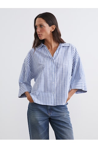 Lcw Vision Mavi Çizgili Oversize Poplin Kadın Gömlek
