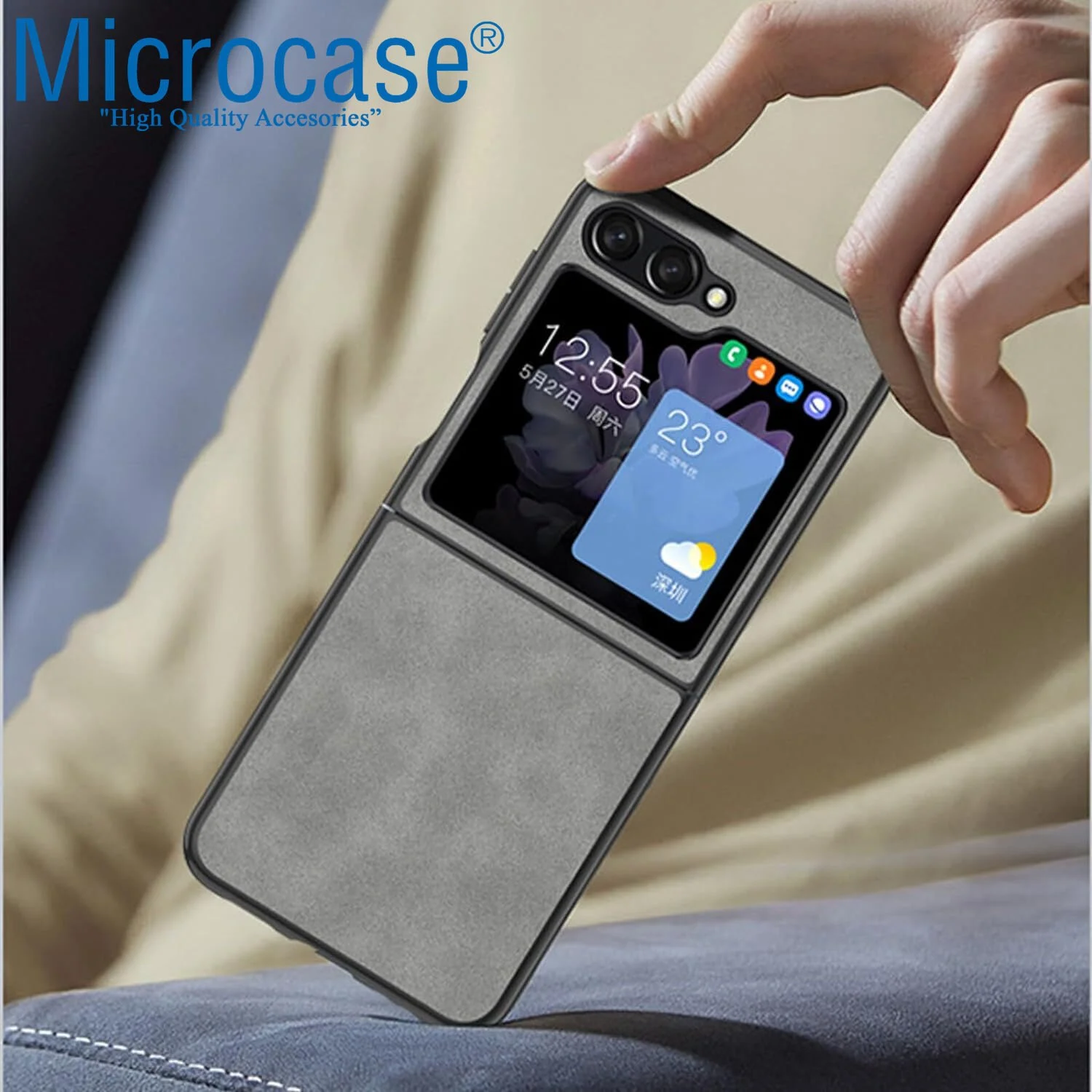 Microcase Samsung Galaxy Uyumlu Uyumlu Z Flip5 İçin Deri Desenli Plastik Koruma Kılıf - Al3156 Yeşil