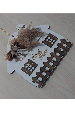 Sweet Home Yazılı Ahşap Anahtar Askılığı Duvar Askılı Anahtarlık Beyaz