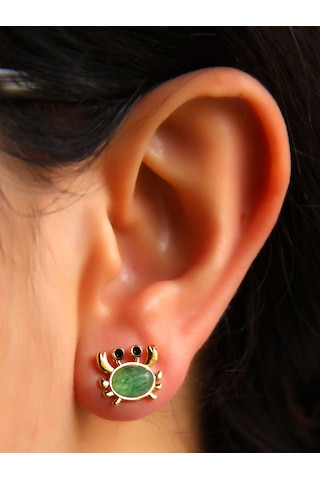 Esha Store Doğal Taş Yeşil Akik Doğal Taşlı Yengeç Altın Kaplama Kadın Küpe Euk21ya Yeşil