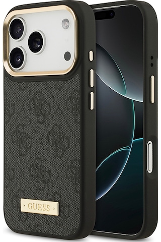 Apple Uyumlu iPhone 17 Pro Kılıf Guess Lisanslı M-safeli 4g Desenli Pu Metal Plaka Klasik Logolu Siyah Siyah