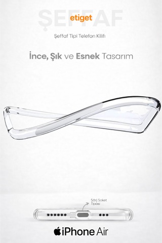 Apple Uyumlu iPhone Air Şeffaf Silikon Kılıf Şarj Yeri Tıpalı, Kenarları Kaymaz Şeffaf