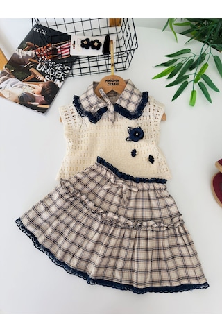 Miniğimin Cicileri Elegance Ekose Yaka Detaylı Örgü Yelekli Dantelli Katlı Etekli Kız Çocuk 3 Lü Takım - Lacivert