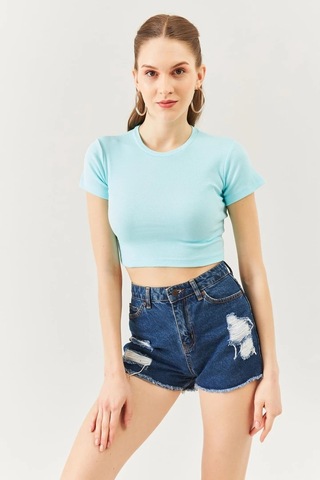 Kadın Kısa Kol Bisiklet Yaka Vücuda Oturan %100 Pamuklu Kaşkorse Esnek Crop Bluz Aqua