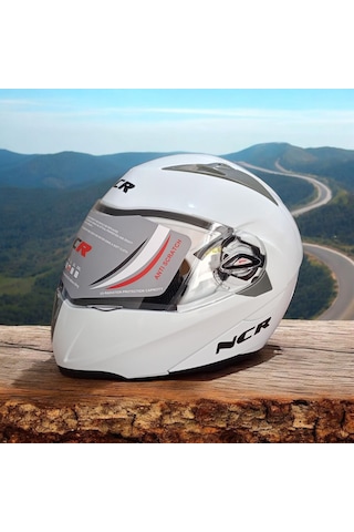 Ncr-158 Çene Açılır Gözlüklü E-ce Belgeli Motosiklet Kaskı Parlak Beyaz