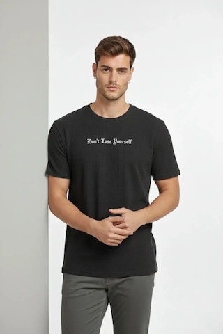 Efnaz Style Erkek Wafıl Kumaş Tişört Regular Kalıp Bisiklet Yaka Baskılı Günlük Basic T-shirt - Siyah