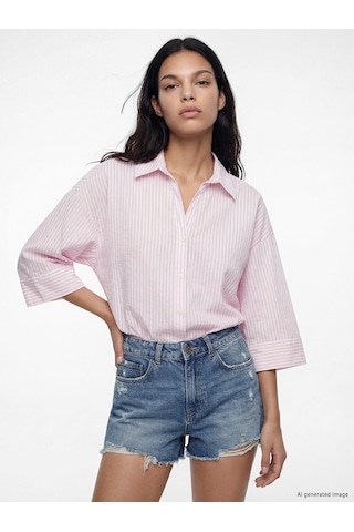 Lcw Vision Pembe Çizgili Oversize Poplin Kadın Gömlek