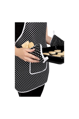 4 Lü Mutfak Çeyiz Seti Mutfak Önlüğü , Fırın Eldiveni Ve Tutacak Takımısiyah Puantiye