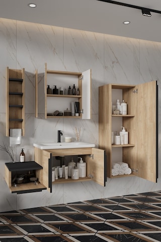 Zakkum 100 Cm %100 Mdf Lavabolu Banyo Dolabı Dolaplı Aynalı Üst Dolap Boy Dolabı Havluluk Lefkas Meşe