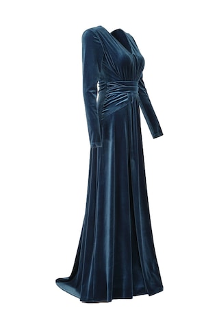 Explosion V Yaka Uzun Kol Kadife Maxi Abiye Elbise - Özel Günler İçin Turkuaz