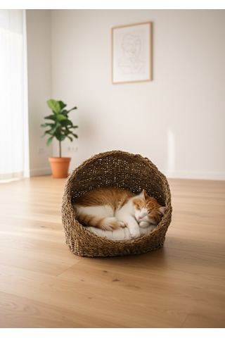 Oval Gölgelikli Hasır Kedi Ve Köpek Yatağı, Kedi Evi Örme Sepet Minder Dahil