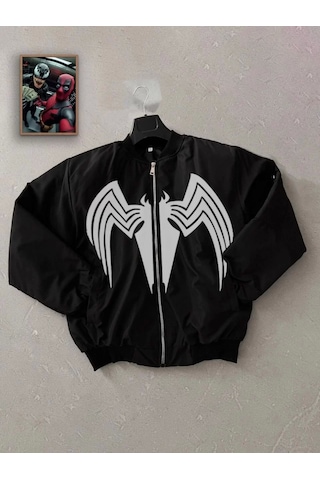 Tam Fermuarlı Uzun Kol Baskılı Bomber Ceket - Siyah Siyah