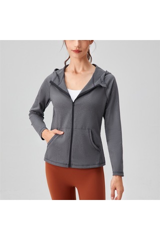 Yunboo Kadınlar İçin Hızlı Kuruyan Spor Ceket, Kapüşonlu Slim Fit, Yoga Ve Koşu İçin Esnek Ve Nem Tutan, Gri Xl Avrupa Numara