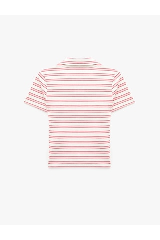 Koton Slim Fit Viskon Karışımlı Kısa Kollu Çizgili Polo Yaka Tişört Ekru Çizgili 6sak50458ek