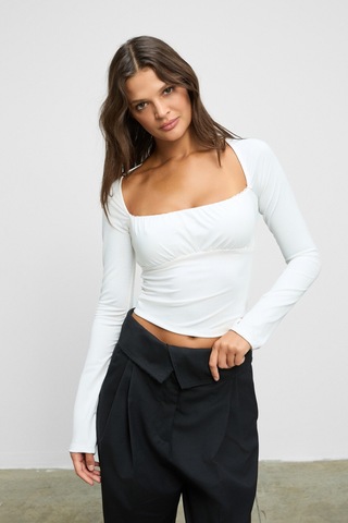 Grımelange Sılıvra Kadın Havuz Yakalı Esnek Kumaşlı Slim Fit Beyaz Bluz Beyaz