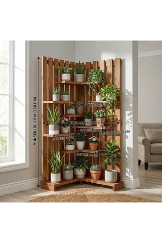 Wooddesign Çok Katlı Ahşap Köşe Çiçeklik Saksılık Ve Dekoratif Raf Modülü 160x150 Cm Bordo