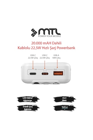 20000 Mah 22.5w Süper Hızlı Şarj Dahili Kablolu Dijital Led Göstergeli Pd Ve Qc 3.0 Powerbank Mt4320 Beyaz