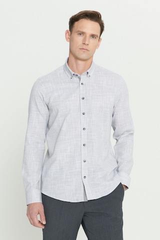 AC&Co / Altınyıldız Classics Erkek Antrasıt Slim Fit Dar Kesim Düğmeli Yaka Keten Görünümlü %100 Pamuk Flamlı Gömlek Antrasıt Antrasit
