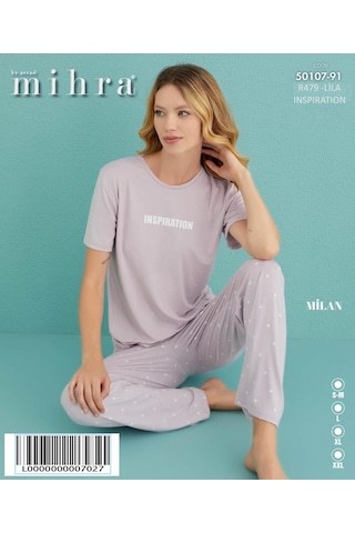 Mihra Kadın Bisiklet Yaka Milan Likralı Kısa Kol Pijama Takımı 50107/91- 1 Adet Lila