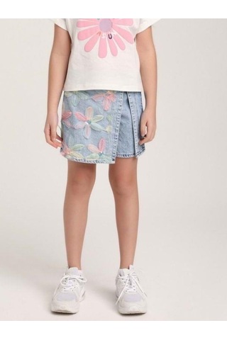 Kız Çocuk Çiçek İşlemeli Tasarım Şort Etek-15579 Mavi