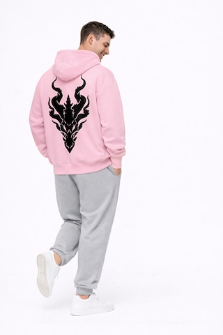 Unisex Ejderha Baskılı Beyaz Sevgili Kombini Oversize Hoodie Seti Pembe