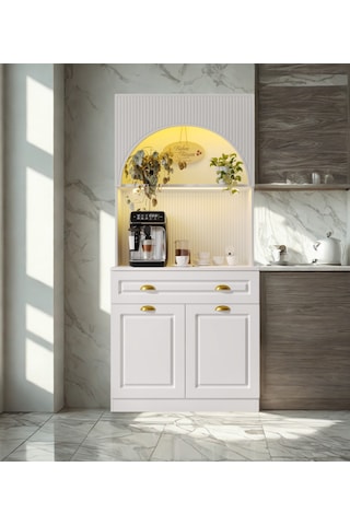 Lureo Nera Arch Gold Mini Kahve Köşesi Led Aydınlatmalı, Komple Mdf Premium Kahve Ünitesi Beyaz