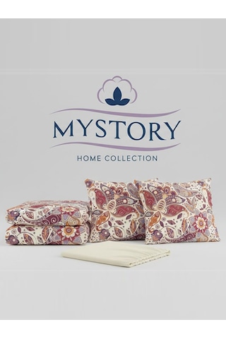 Mystory Home Lastikli Çarşaflı Çift Kişilik Nevresim Takımı Sienna Krem Krem - Kırmızı