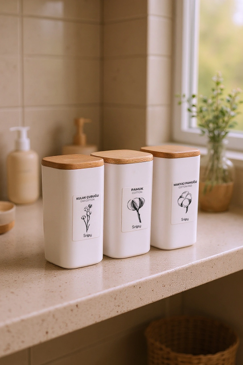 Luvo Beyaz - 3'lü Kare Ahşap Vakum Kapaklı Banyo Düzenleyici Plastik Banyo Seti Etiketli Organizer Beyaz