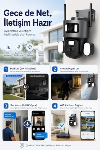 2 Kameralı 3+3mp Wıfı Güvenlik Kamerası - 360 Otomatik - Gece Görüş - Hareket - Algılama - Takip 76521098