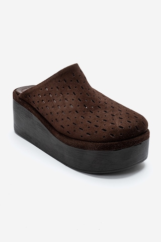 Luvishoes Lune Kahverengi Süet Hakiki Deri Delikli Kadın Dolgu Topuklu Terlik