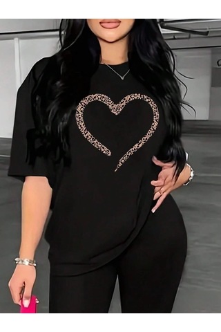 Novalisse Kadın Kalp Baskılı T-shirt Kısa Kol Bisiklet Yaka Oversize Tişört - Siyah Çoklu Renk