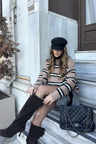 Laluvia Kahverengi Renkli Çizgili Oversize Triko Kazak - 2516 Kahverengi