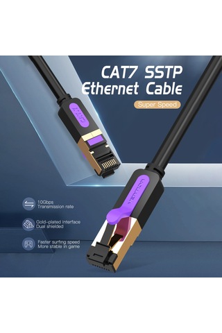 Xiyyadms Vention Cat7 Sstp 10gbps Hızlı Ethernet Kablosu, Çift Ekranlı Saf Bakır, Rj45 Altın Kaplama, Ofis/apartman Ağ İçin, Siyah, 1m