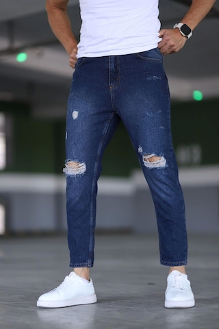 Erkek Boyfiend Yırtıklı Lacivert Kot Pantolon Lacivert