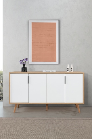 4515 Sırma 150 Cm Ahşap Ayaklı , Metal Kulplu Konsol , Safir - Beyaz , Salon , Oturma Odası Safir - Beyaz