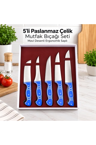 5 Li Paslanmaz Çelik Mutfak Bıçağı Seti Mavi