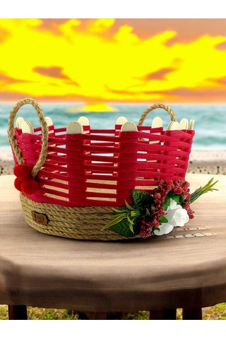 Hasır Sepet Çok Amaçlı Organizer Takı Kutusu Komodin Banyo Kullanımı Kırmızı