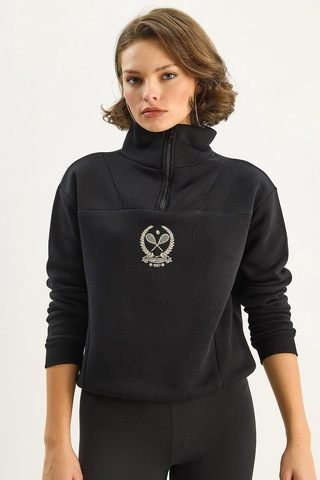 Shade Kadın Dik Yaka Yarım Fermuarlı İçi Polarlı Crop Sweatshirt 1808 60283713 - Siyah