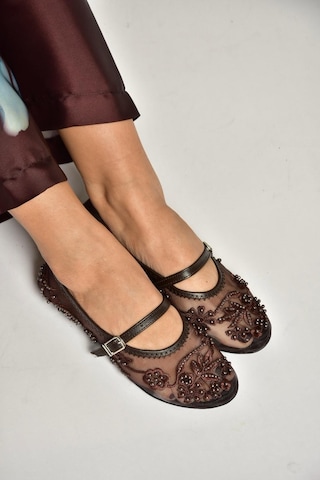 Fox Shoes Y726330115 Kahverengi File İnci Detaylı File Kadın Babet Kahverengi