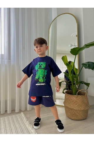 Miniko Kids Erkek Çocuk Minecraftt Modelli Baskılı Şortlu Pamuk Takım Lacivert