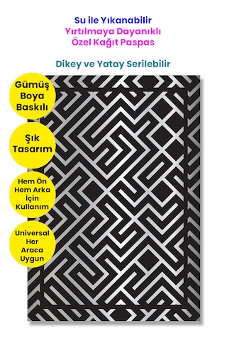 Suya Dayanıklı Yıkanır Kağıt Labirent Desen Oto Paspas Kağıdı Siyah Gümüş Baskı 50 Adet 35x50cm Suya Dayanıklı Yıkanır Kağıt Labirent Desen Oto Paspas Kağıdı Siyah Gümüş Baskı 50 Adet 35x50cm