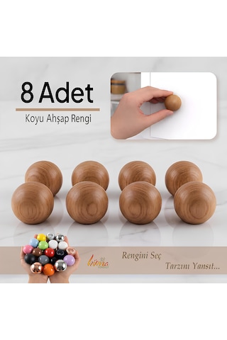 8 Adet Sert Plastik Düğme Yuvarlak Top Koyu Ahşap Rengi Dolap Mobilya Mutfak Dolabı Çekmece Kulbu Kulpu Kulplar