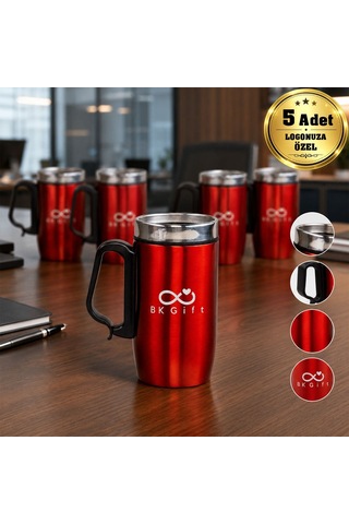 Logonuza Özel 5 Adet 5304 Çelik Kupa 240 Ml Kilitli Kapaklı Kurumsal Termos Mug Kırmızı