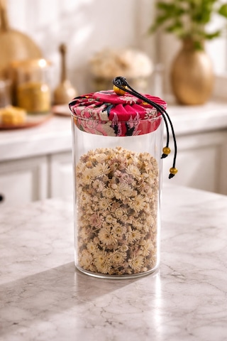 Makri Home 800 Ml Borosilikat Cam Hava Geçirmez Kırmızı Kumaş Kaplama Bambu Kapaklı Kavanoz, Çap:8 Cm, H: 21 Cm Kırmızı