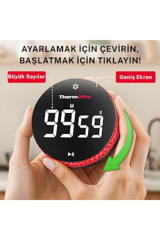 TM04 99 Saat Kapasiteli Çevirmeli Dijital Mutfak ve Ders Zamanlayıcısı, Geniş LED Ekranlı Mıknatıslı Kronometre