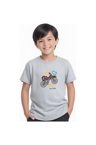 Fyk Kids Erkek Çocuk Yuvarlak Yaka Bisiklet 52 Erkek Baskılı T-shirt Gri