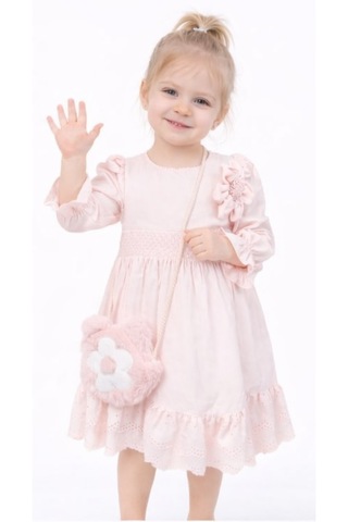 Kız Çocuk Güpürlü Balon Kol Model Bilekleri Lastikli Peluş Çantalı Pudra Renk Midi Boy Elbise Pudra